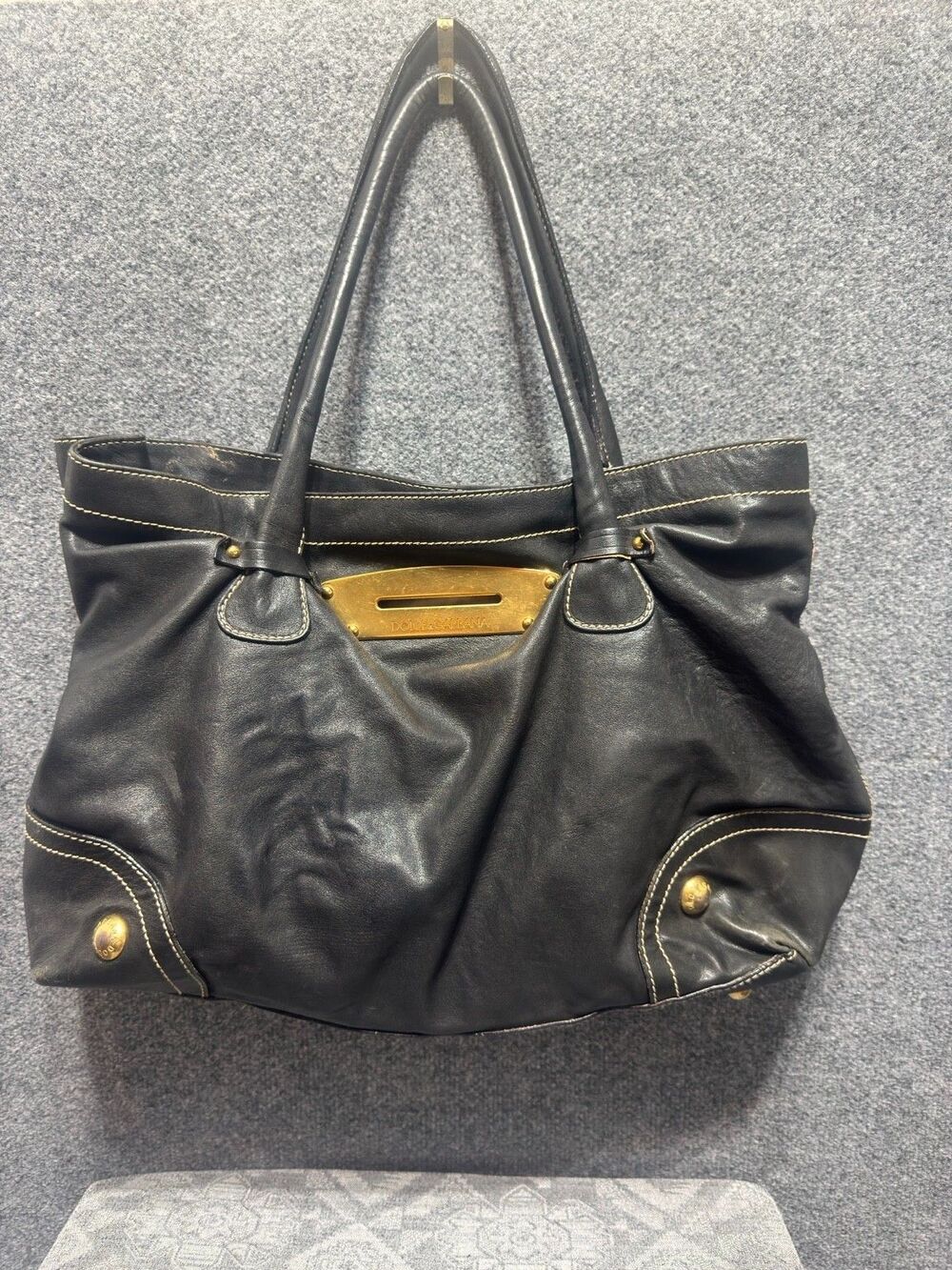 Dolce & Gabbana Large Black Leather Tote Bag Gold Hardware Italy y2k - Picture 2 of 11